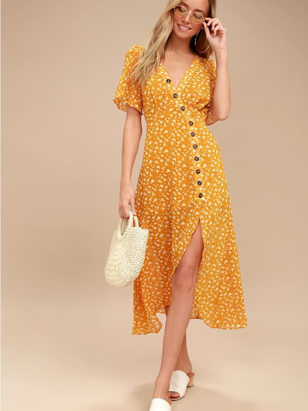 Lulu's Mustard Yellow Floral High-Low Button Midi Dress